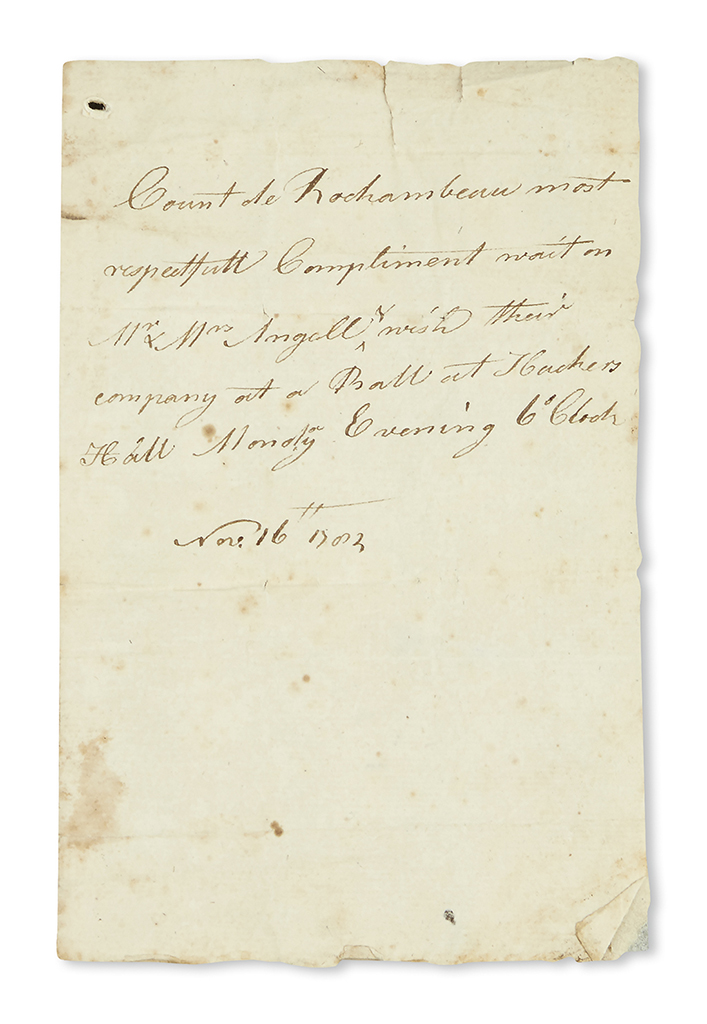 (AMERICAN REVOLUTION--1782.) Group of invitations to members of the Angell family from French officers including Rochambeau.